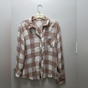 Maurices Taupe and Light Gray Plaid Shirt